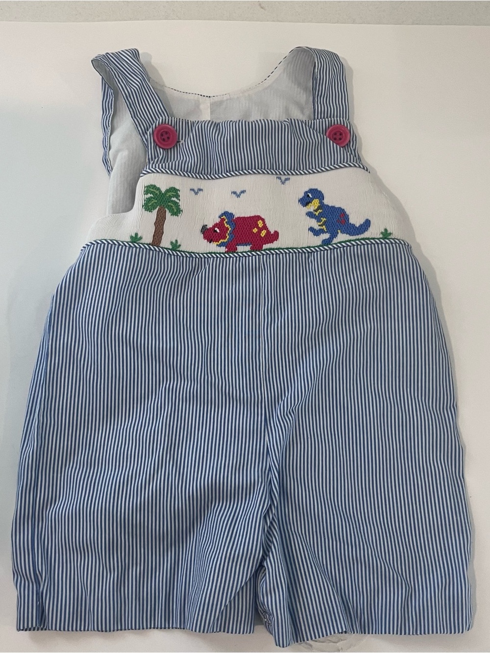 Remember Nguyen Baby Boys Dinosaur Smocked Romper Blue Striped 24m Summer Button